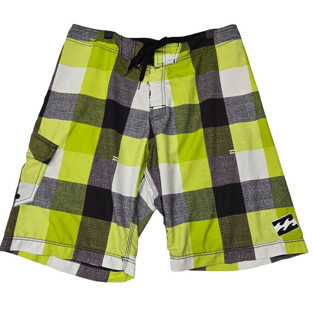 Billabong Platinum X Board Shorts Mens 36 Neon Green Black Plaid Surf Beach Punk